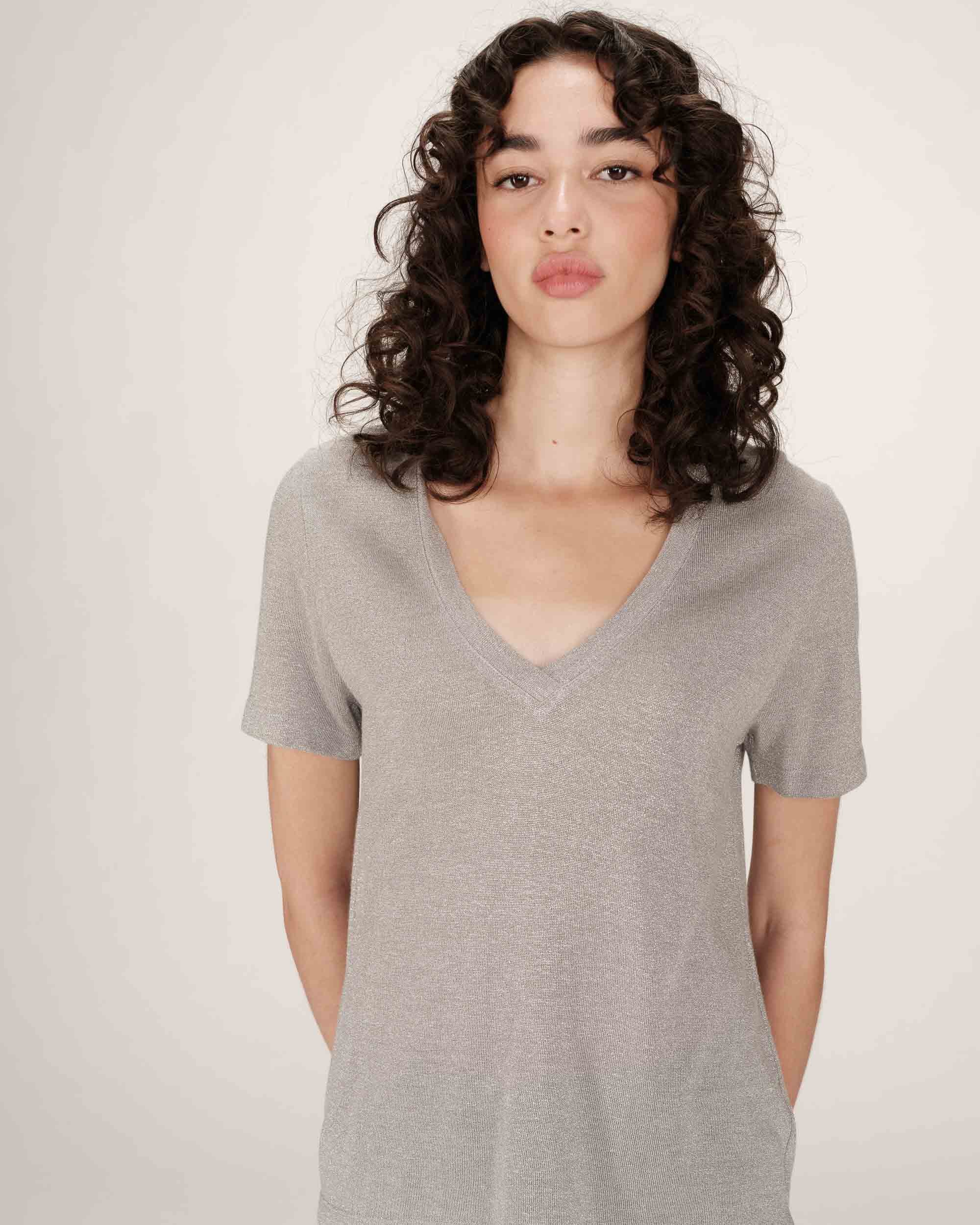 T-shirt col v en lurex gris Stardust