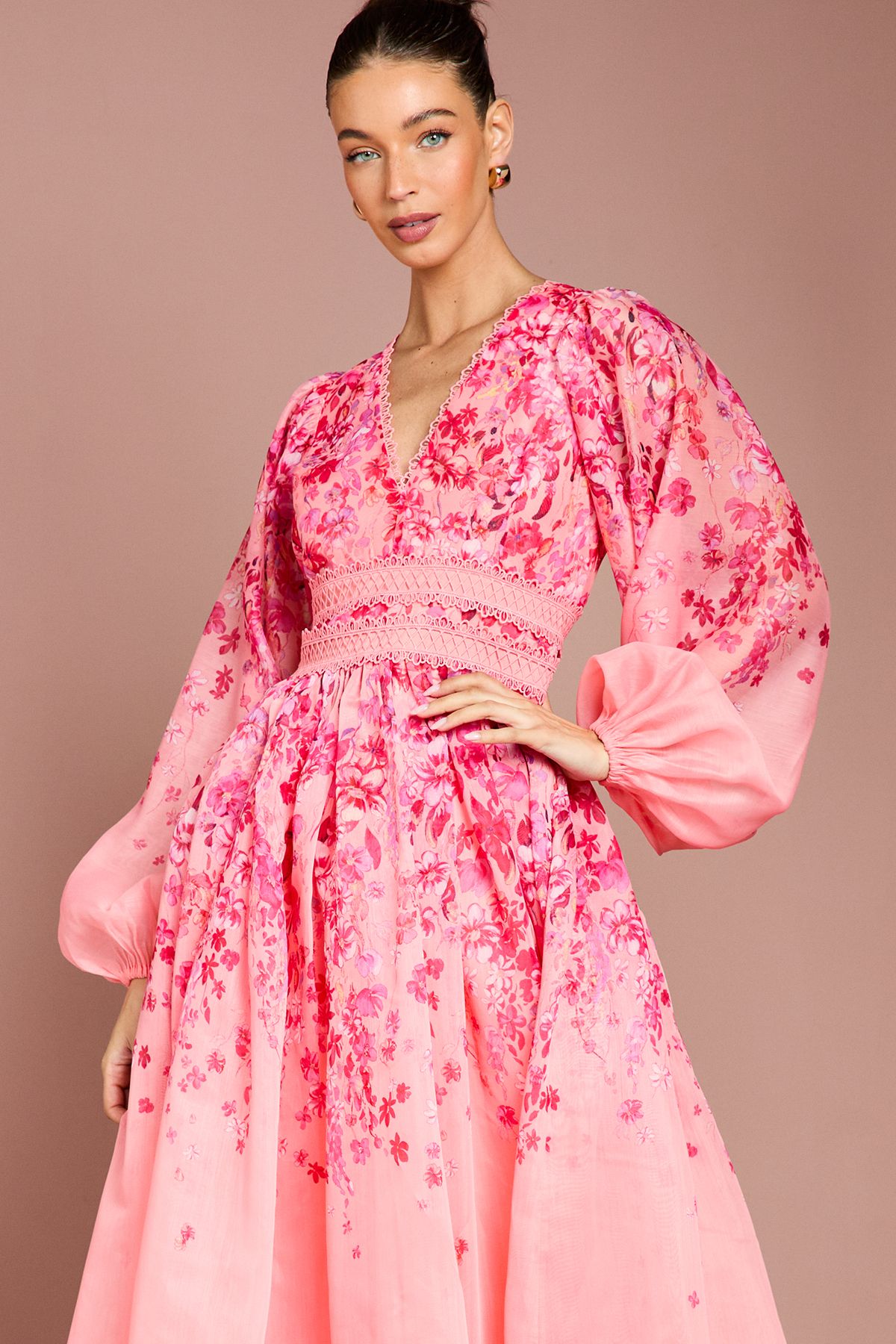 Coast Organza Floral Placement Lace Trim Midaxi Dress