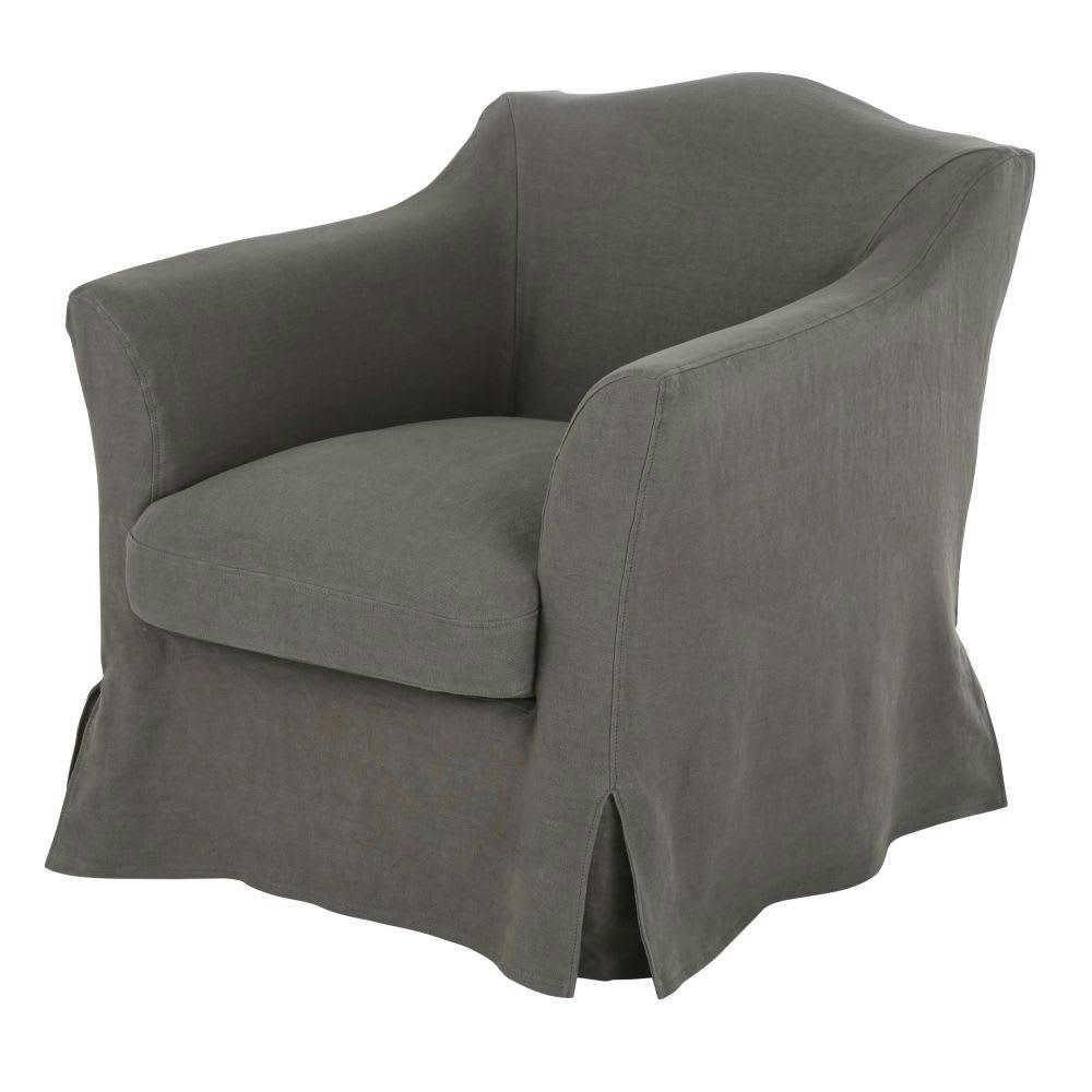 Anaelle - Fauteuil en lin gris effet vieilli
