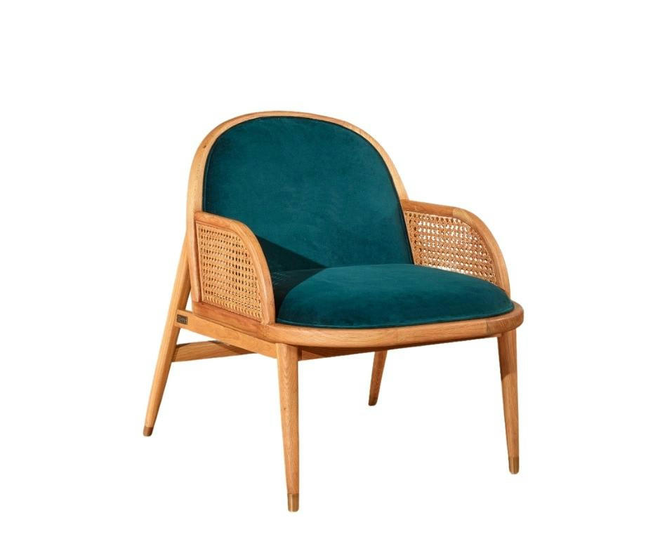 MARCEL - Fauteuil cannage et velours bleu paon