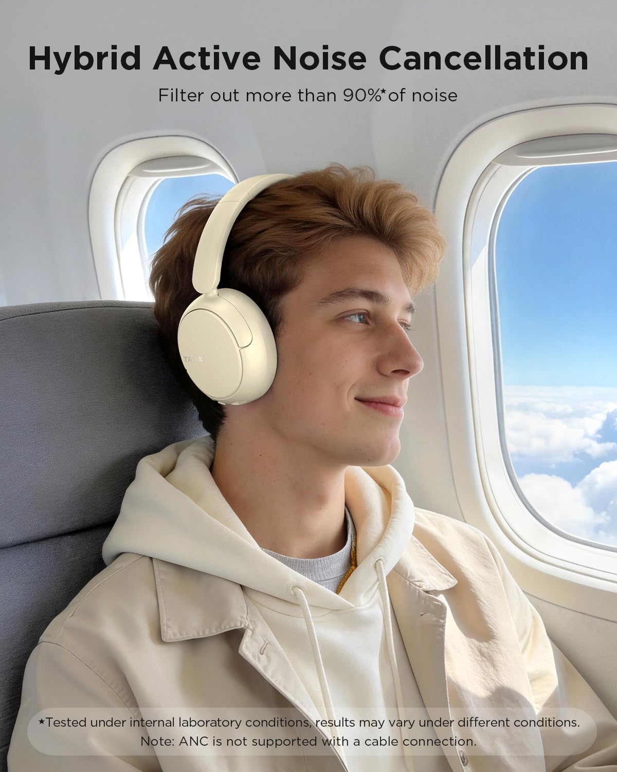 TALIX H30 Hybrid Active Noise Cancelling Headphones, 110H Playtime Hi-Res Audio Bluetooth 6.0 Wireless Over Ear ANC Headphones for Commute/Workout/Gym (Off-White)