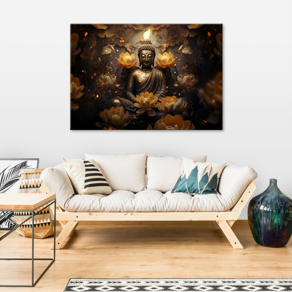 Feeby Obraz na płótnie, Złoty Budda i kwiaty lotosu 60x40
