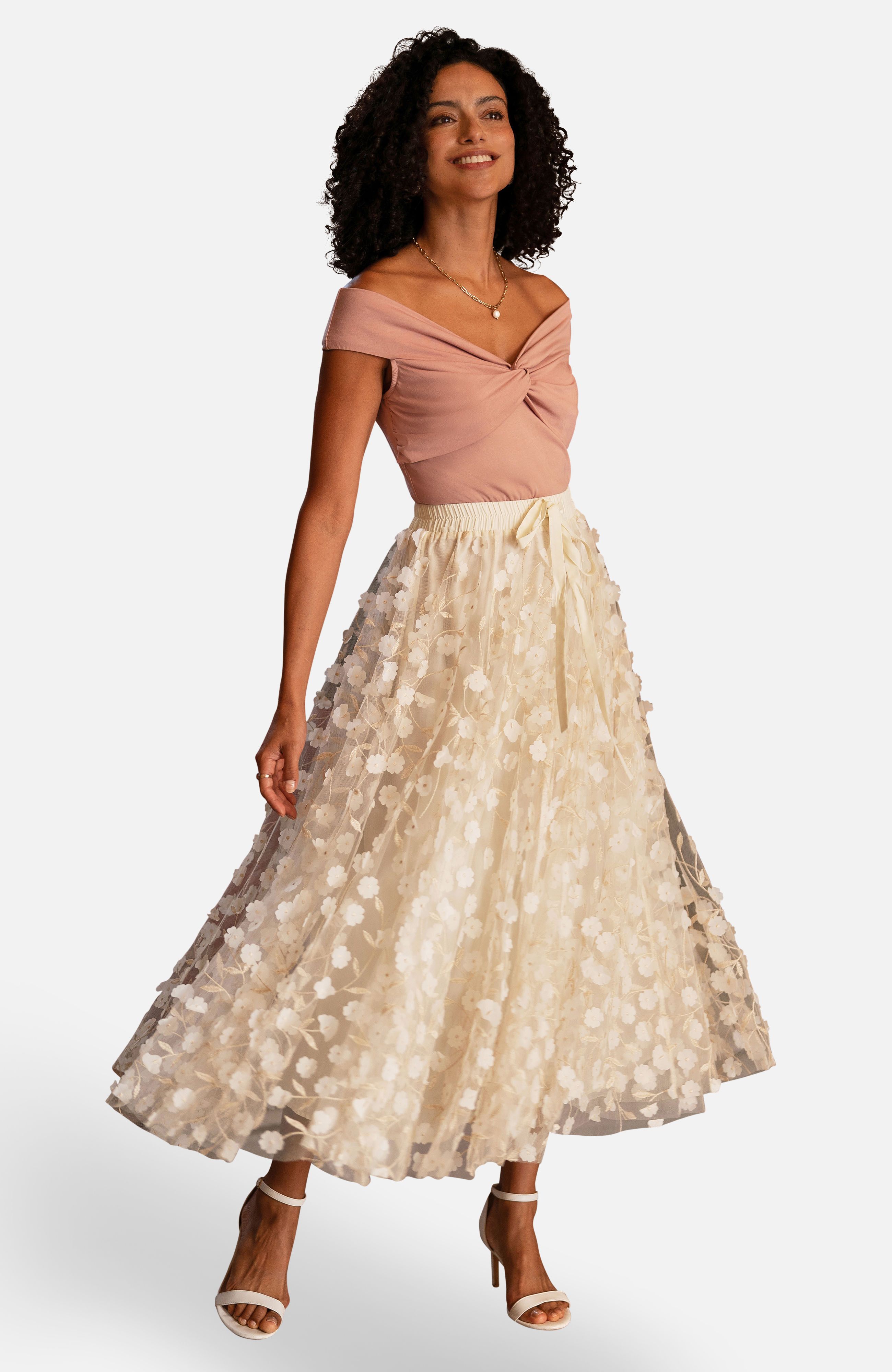 Yumi Ivory Mesh Floral Applique Midi Skirt