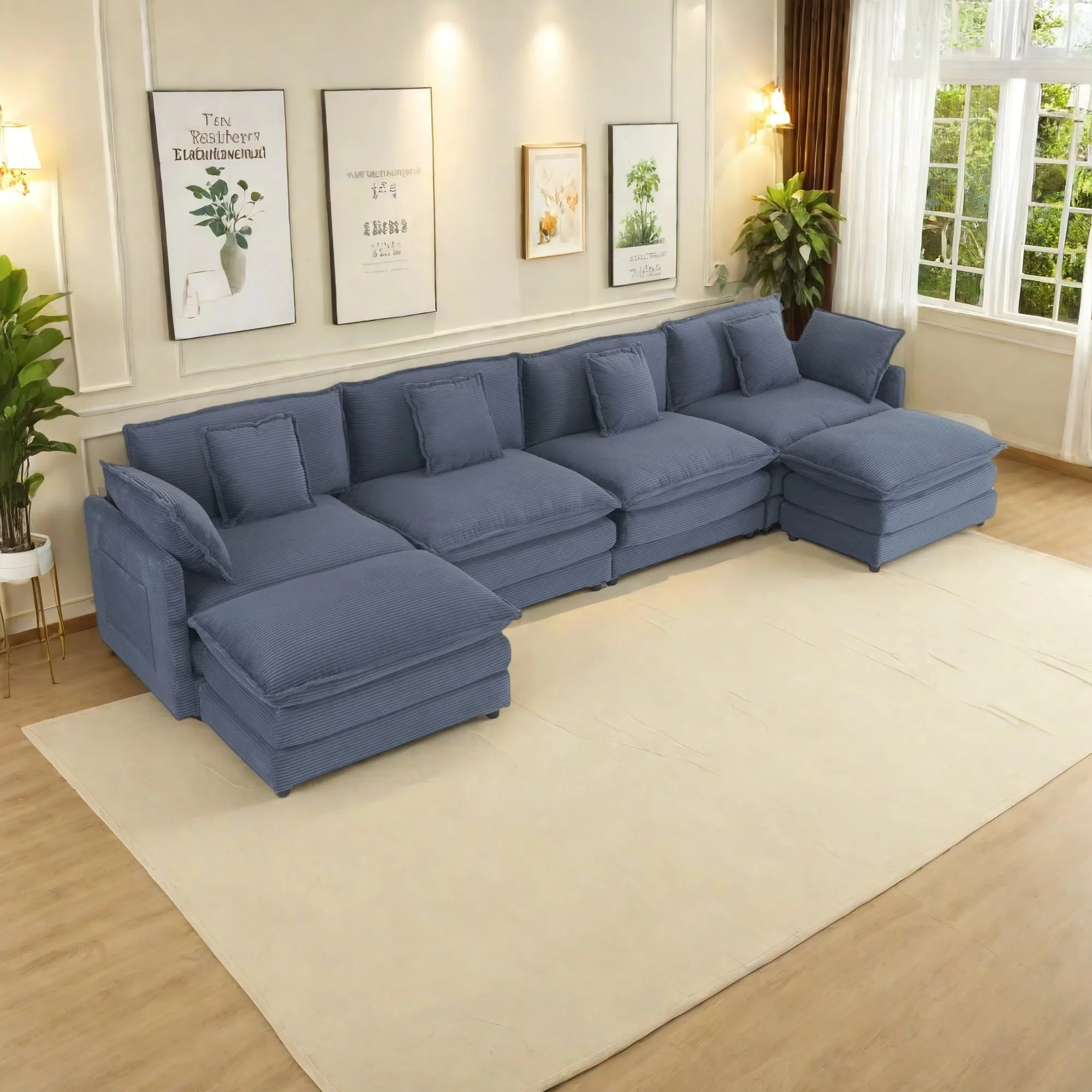 149.6 Corduroy Upholstered U-Shaped Modular Sectional Sofa with Side Storage Pockets