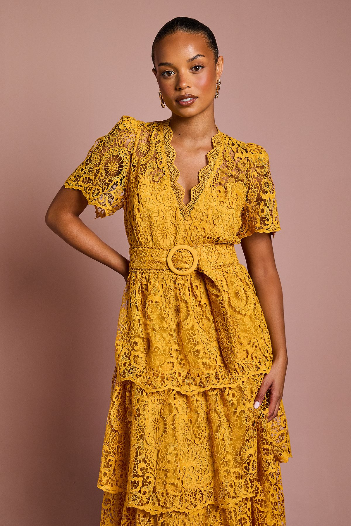 Coast Petite Short Sleeve V Neck Tiered Lace Midi Dress