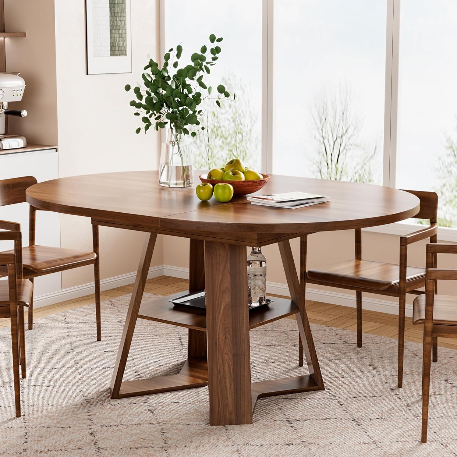 43.3in-59in Extendable Round Dining Table for 4-6,Modern Kitchen Oval Dining Table with Removable Leaves Space Saving,Wood Base with Storage Shelf for Kitchen Living Room