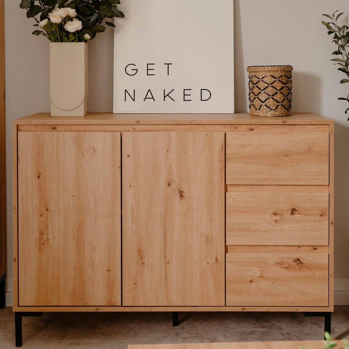 RONDA - Buffet 2 portes 3 tiroirs effet chêne 120 cm