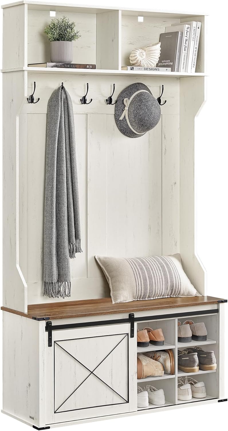 VASAGLE Hall Tree with Bench and Shoe Storage, Coat Rack with Shoe Bench, Entryway Furniture, 6 Tri-Hooks, Sliding Door, Farmhouse Style, Space Saving, Rustic White and Honey Brown UHSR442W01V1
