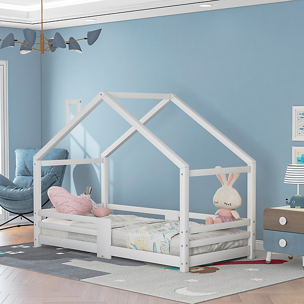 Lit Enfant 90x200 cm - Lit Cabane avec Cheminée Antichute - Bois de Pin - Sans Matelas - Blanc