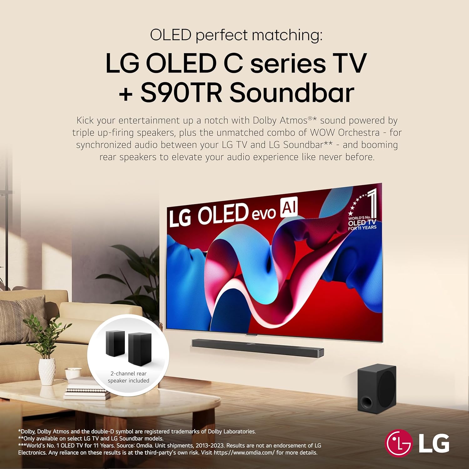 LG S90TR 7.1.3-Channel OLED evo TV Matching Home Theater Soundbar with Rear Surround Speakers and Wireless Subwoofer, Wow Orchestra, Dolby Atmos, WOWCAST Built-in