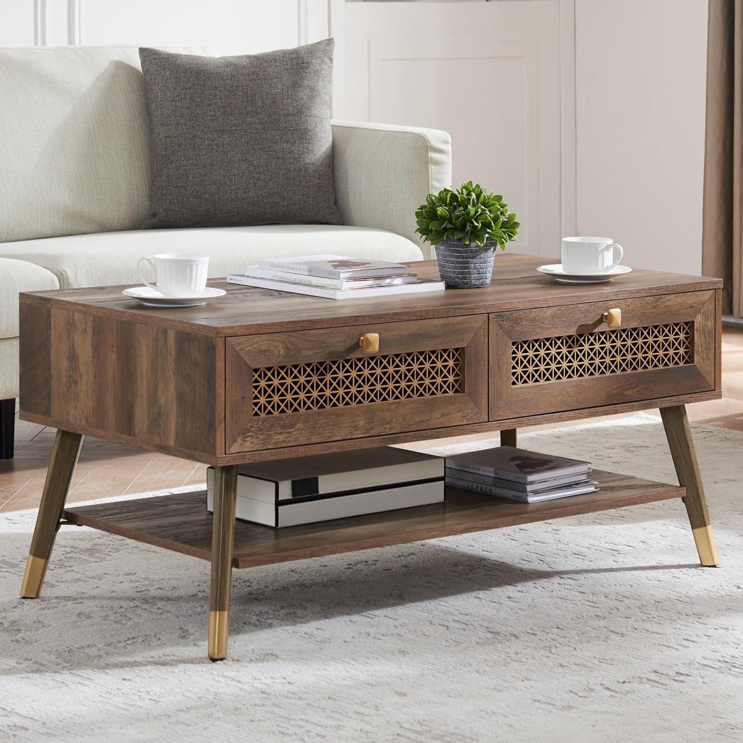 Mid Century Modern Coffee Table with Storage Drawers & Open Shelf, Solid Wooden Boho Rectangle Table with Metal Legs Designed for Living Room, Office, Lounge. Rustic Oak Color with Golden Decor