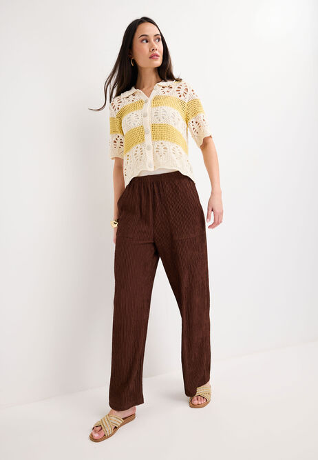 Womens Chocolate Brown Textured Wide Leg Trousers