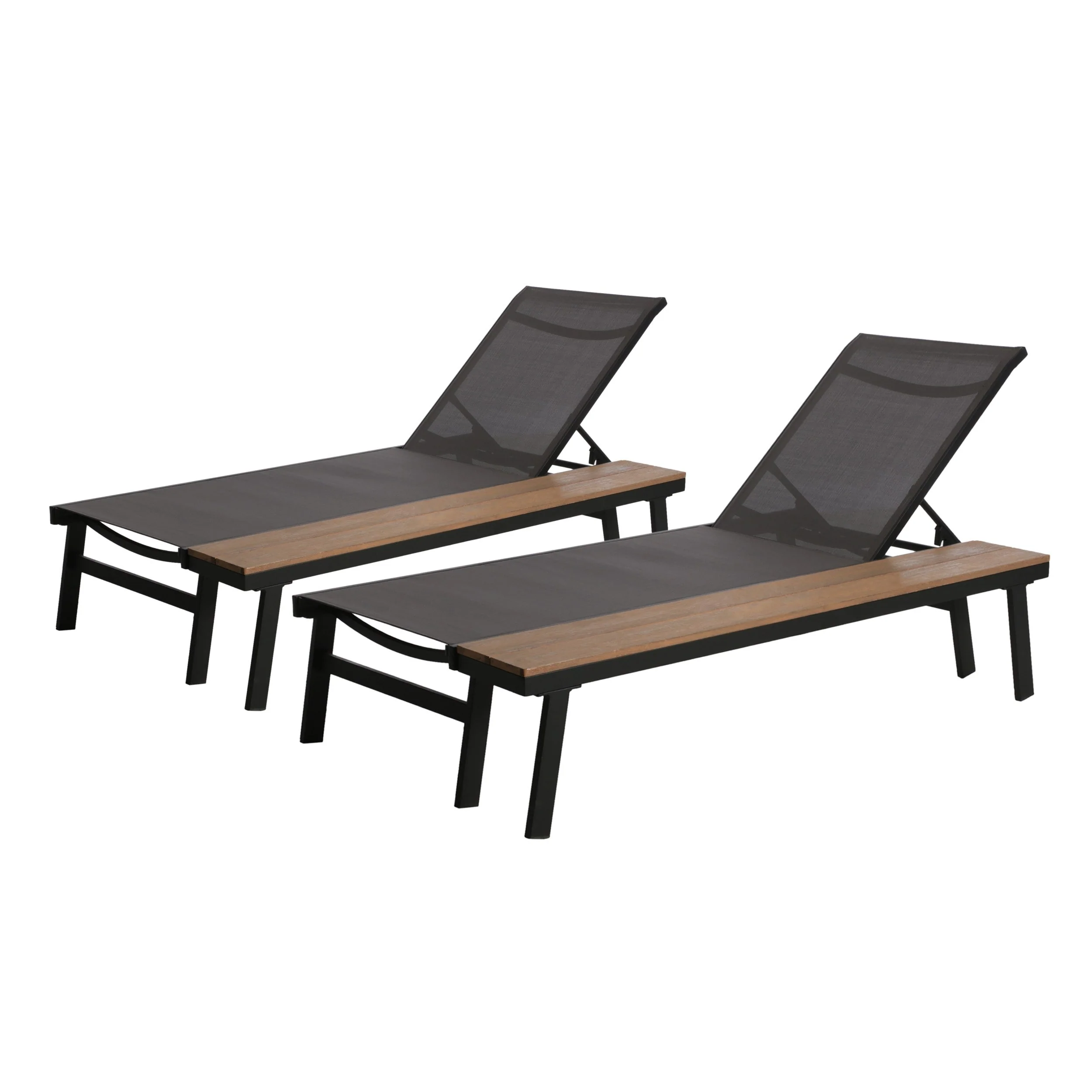 2 Piece Outdoor Chaise Lounges Set Mesh Seats with Adjustable Backrest and Attached Wood Side Table