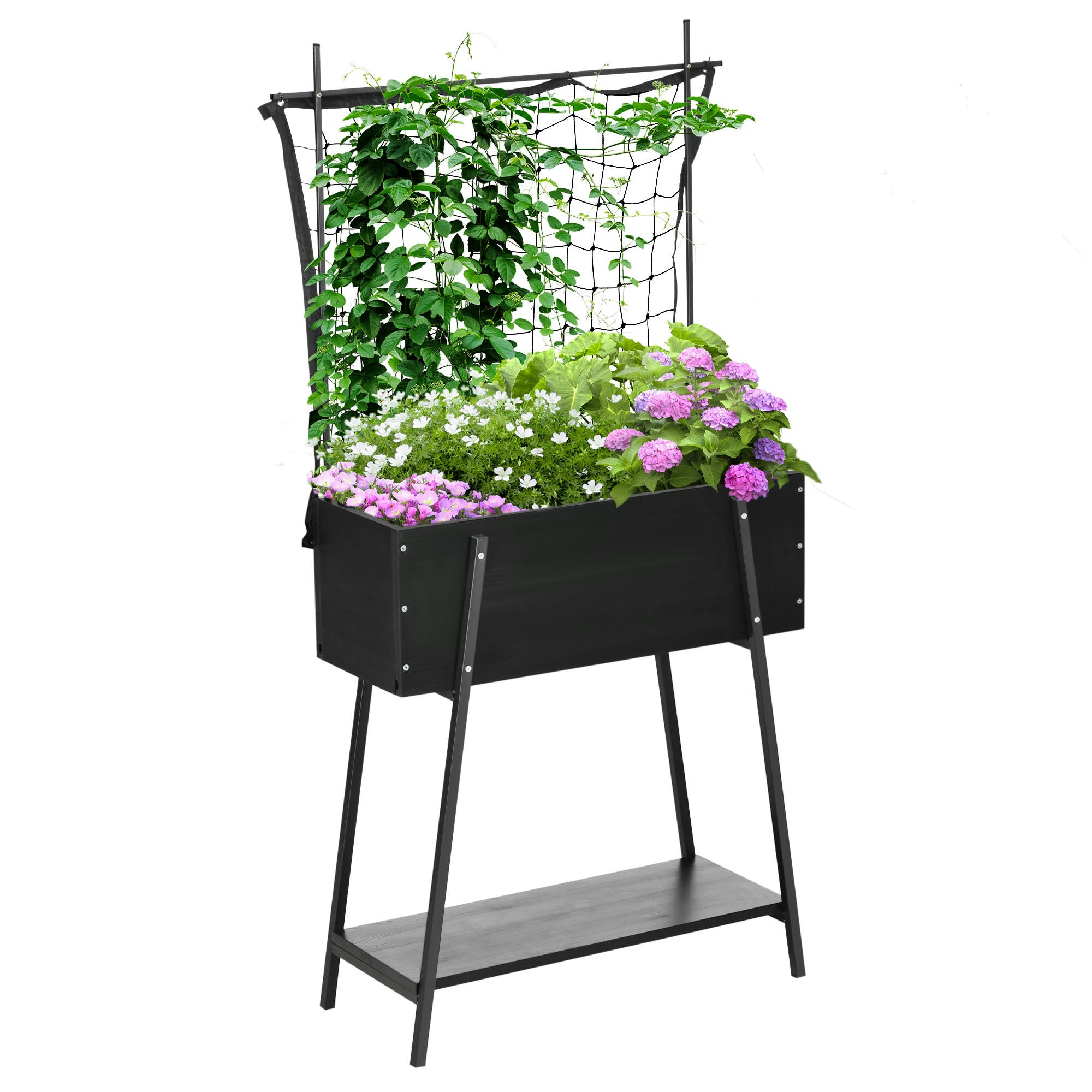 - Jardinière sur pied avec treillis filet étagère métal sapin noir