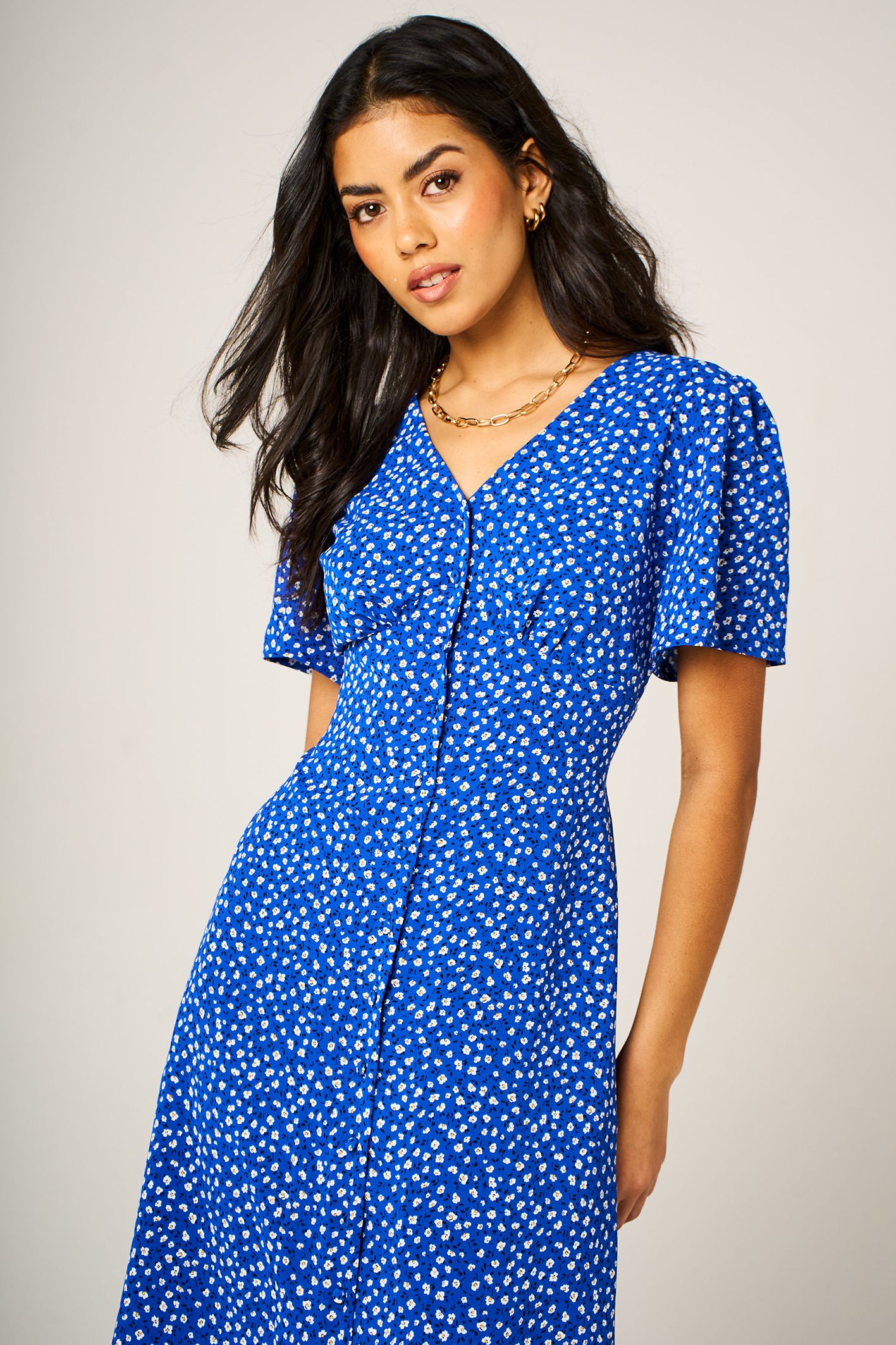 FS Collection Little Floral Print Short Sleeve Button Front Midi Dress