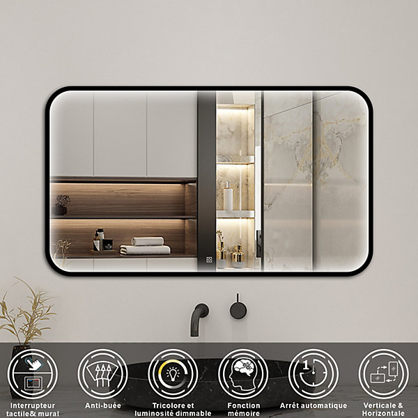Miroir LED pour Salle de Bain 100x60 cm - Anti-Buée, Lumière tricolore et Dimmable