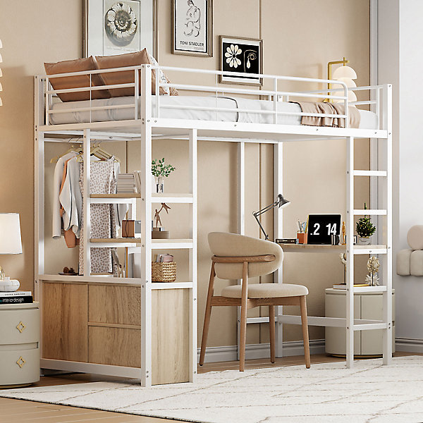 Lit Mezzanine 90x200 cm, Lit Ado en Métal avec Bureau et Prises USB, Rangements Ouverts Intégrés - Blanc