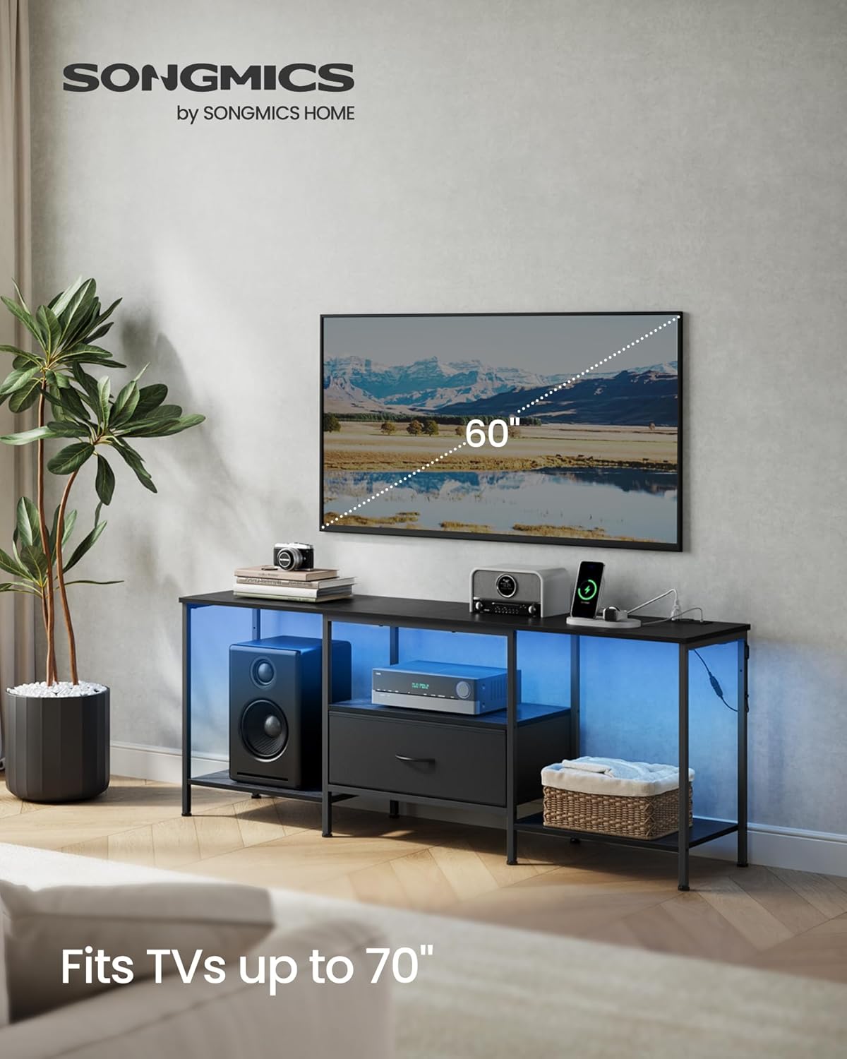 SONGMICS BELLAH Collection - TV Stand for TVs Up to 70 Inches, Media Console Table and Entertainment Center Unit for Living Room, with Shelves and Drawer, Steel, Modern, Ink Black ULGS131B101S