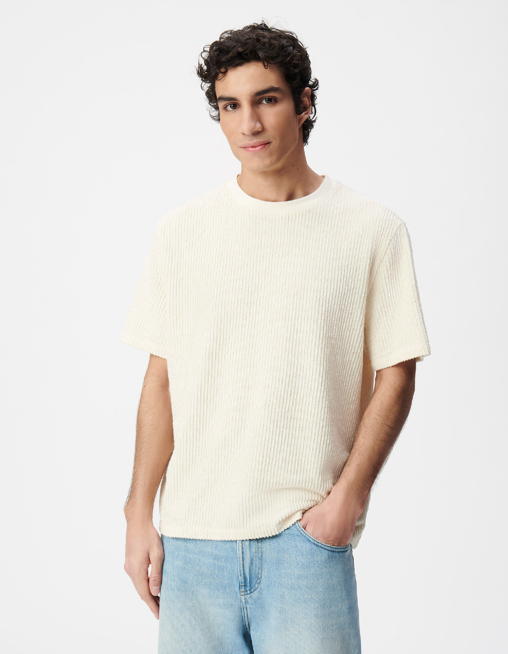 T-shirt col rond écru éponge motif rayures Homme