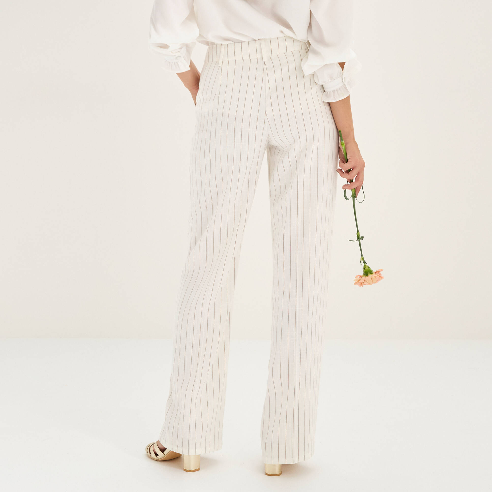 Pantalon large fluide rayé, viscose-lin