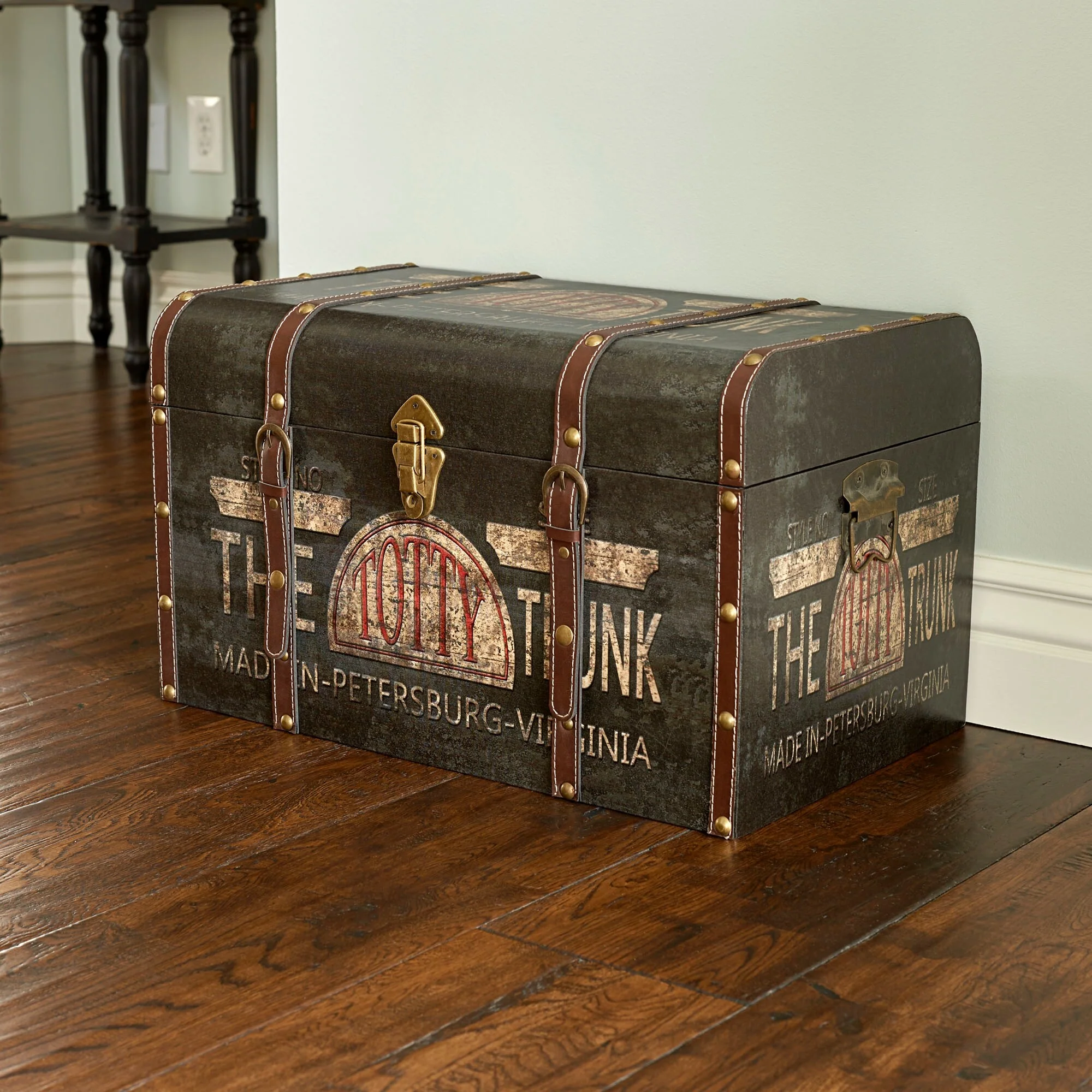 Household Essentials Decorative Trunk with Metal Accents and Leather Strapping - 13.8L x 22.0W x 13.0H