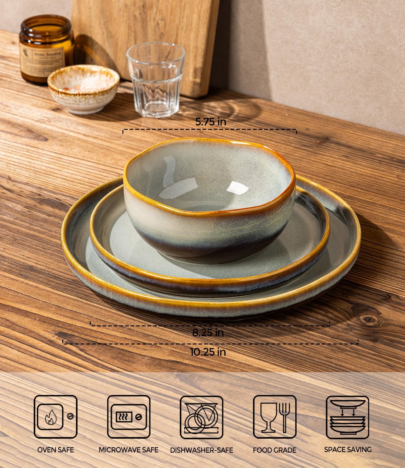 TheTerra Ceramic Dinnerware Sets for 4, 12 Pieces Handmade Reactive Glaze Plates and Bowls Sets, Scratch Resistant Dish Set, Oven & Microwave & Dishwasher Safe, Brown Blue