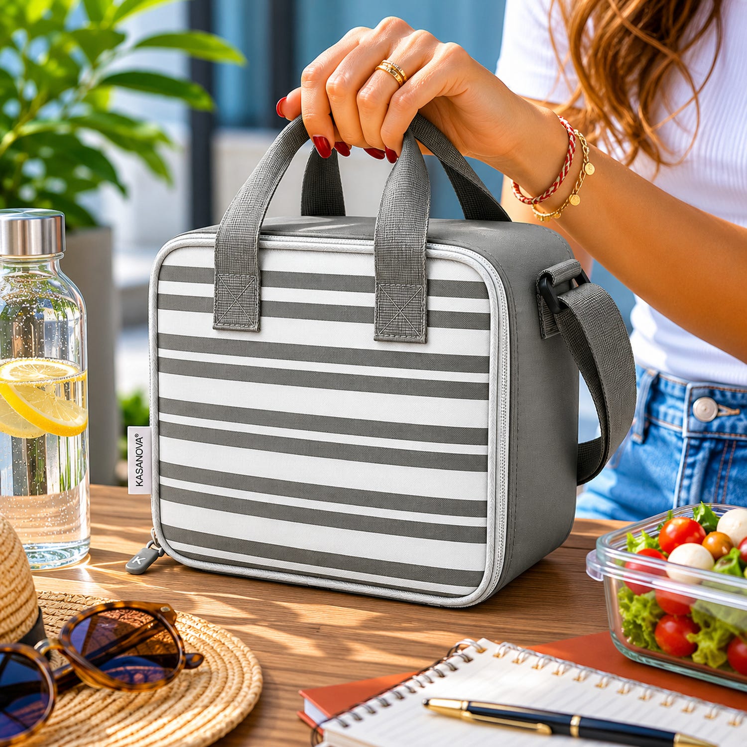 Borsa termica 8 L con tracolla e manici righe grigio