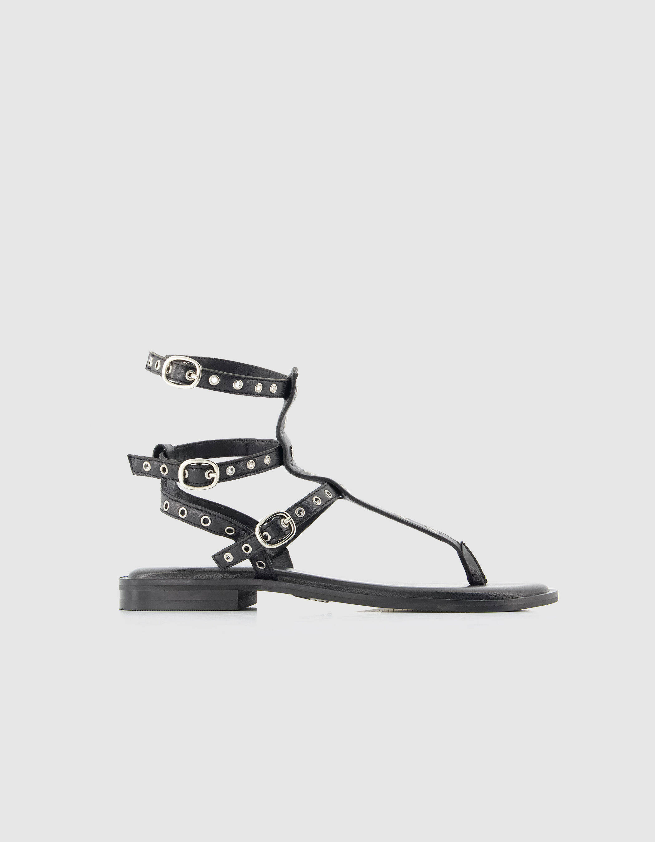 Sandales spartiates noires plates cuir Femme