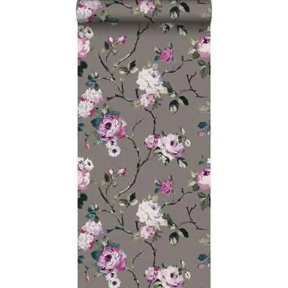 Origin behang - bloemen - taupe en lila paars - 53 cm x 10,05 m