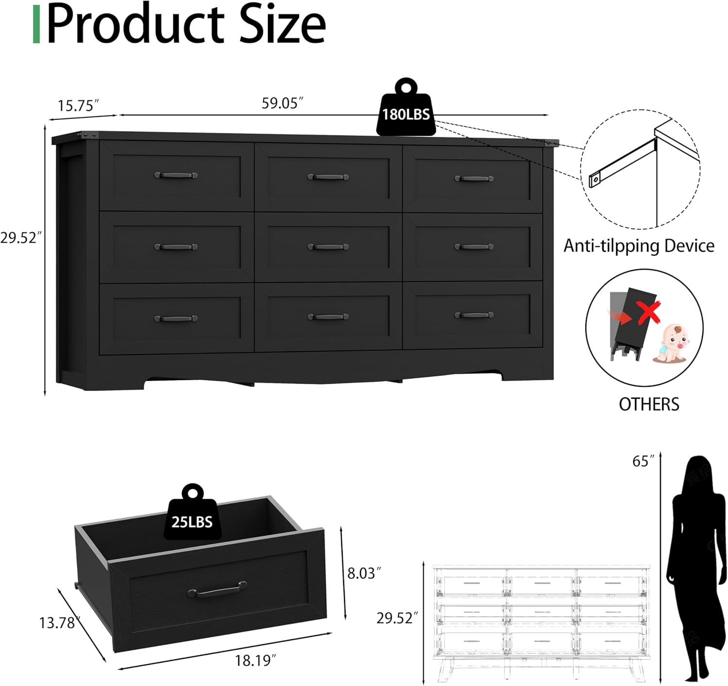 Dresser for Bedroom with 9 Drawers, 59 Wide Modern Chest of Drawers with Deep Drawers & Mental Handle, Wood Dresser TV Stand, Wooden Closet Storage Organizer for Living Room, Hallway, Entryway, Black