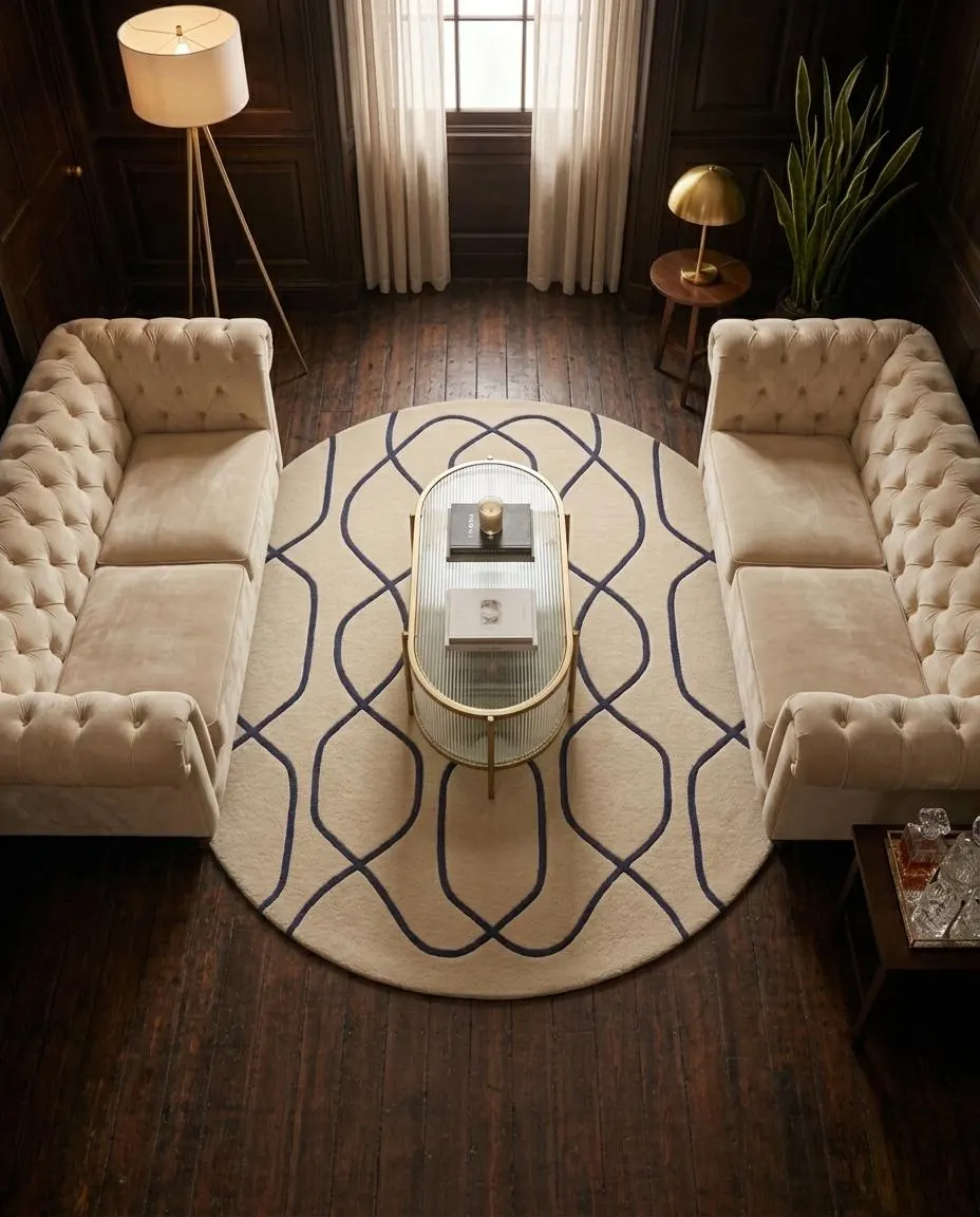 Hand Tufted Ivory Round Rug Navy Blue Geometric - Plush 100% New Zealand Wool Rug 8x8, 10x10, 12x12 Mid Century Modern Luxury Area Carpet