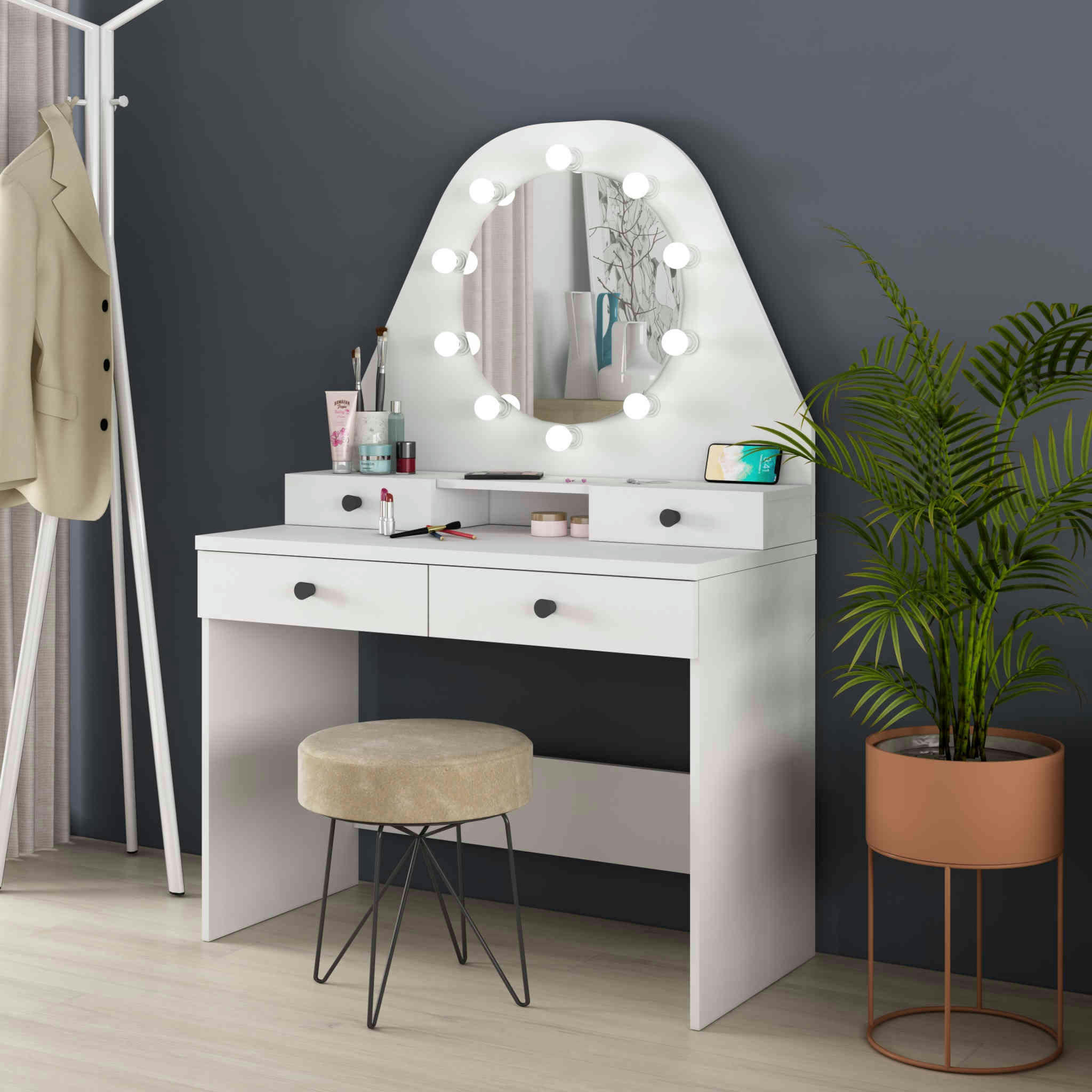 - Coiffeuse avec miroir en bois blanc