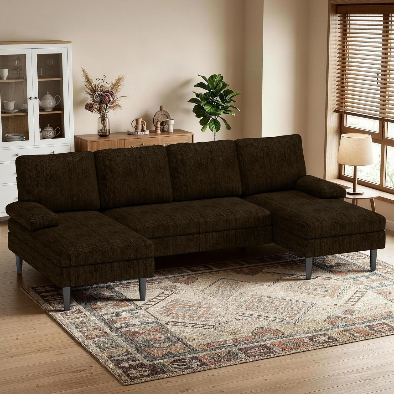 Korser U-Shaped Sectional Couches for Living Room, 101 Inch Modern Modular Sofa with Double Chaise Lounge, Comfy Chenille Fabric 4-Seat Couch Set for Apartment, Brown