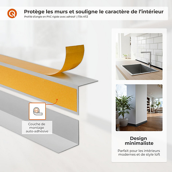 Corniere d'angle interieur PVC 35x18mm QUEST Autocollante, 200 cm, or