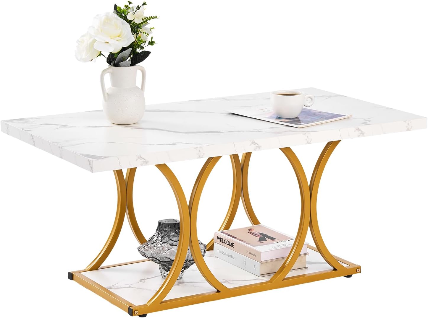 VEVOR Coffee Table, Modern Faux Marble Coffee Table, 2-Tier Rectangle Center Desk with Geometric Legs, Minimalist Sturdy Metal Frame Accent End Desk for Living Room, Office, Easy Assembly, White