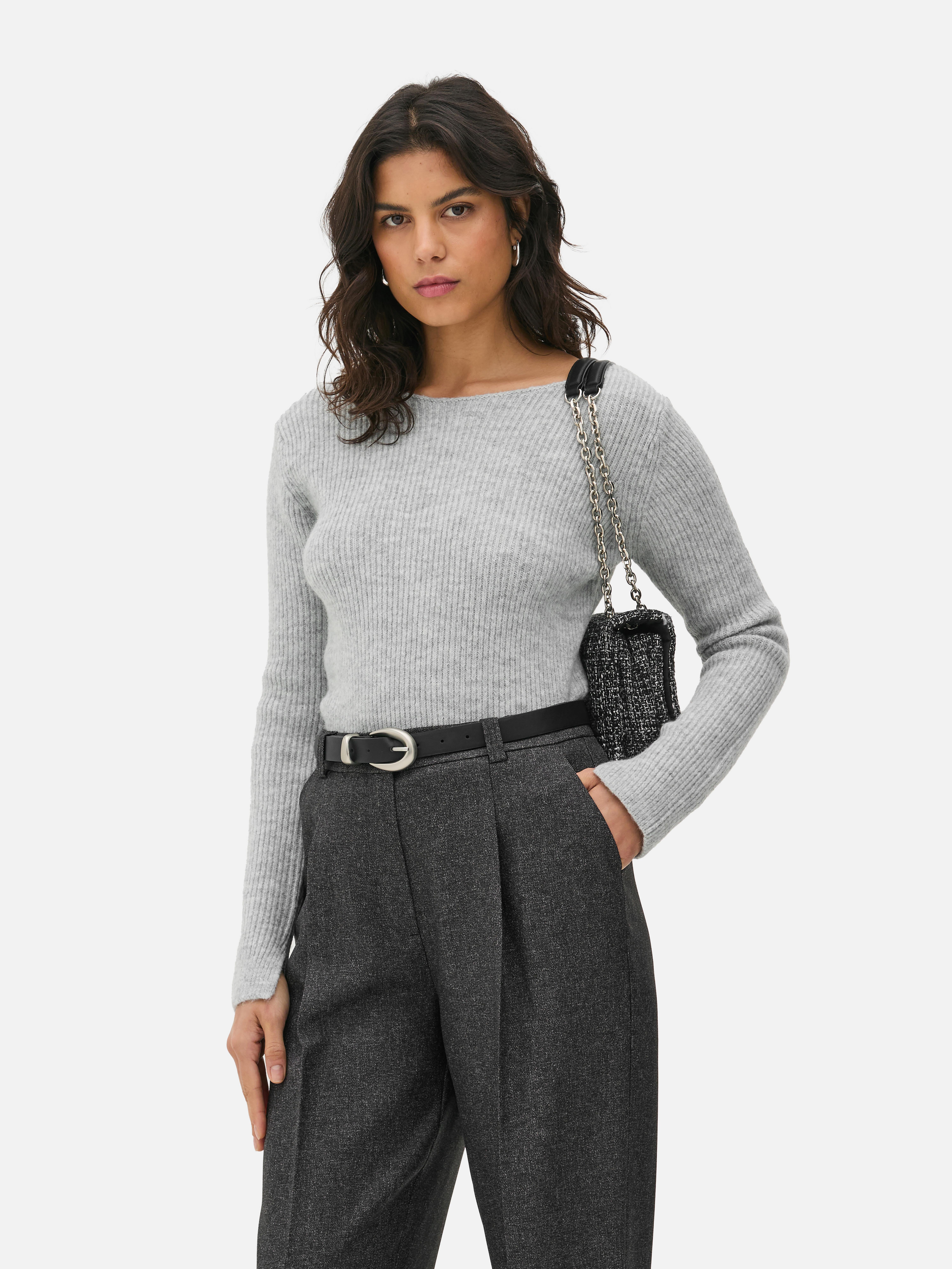 Ribbed Slash Neck Sweater