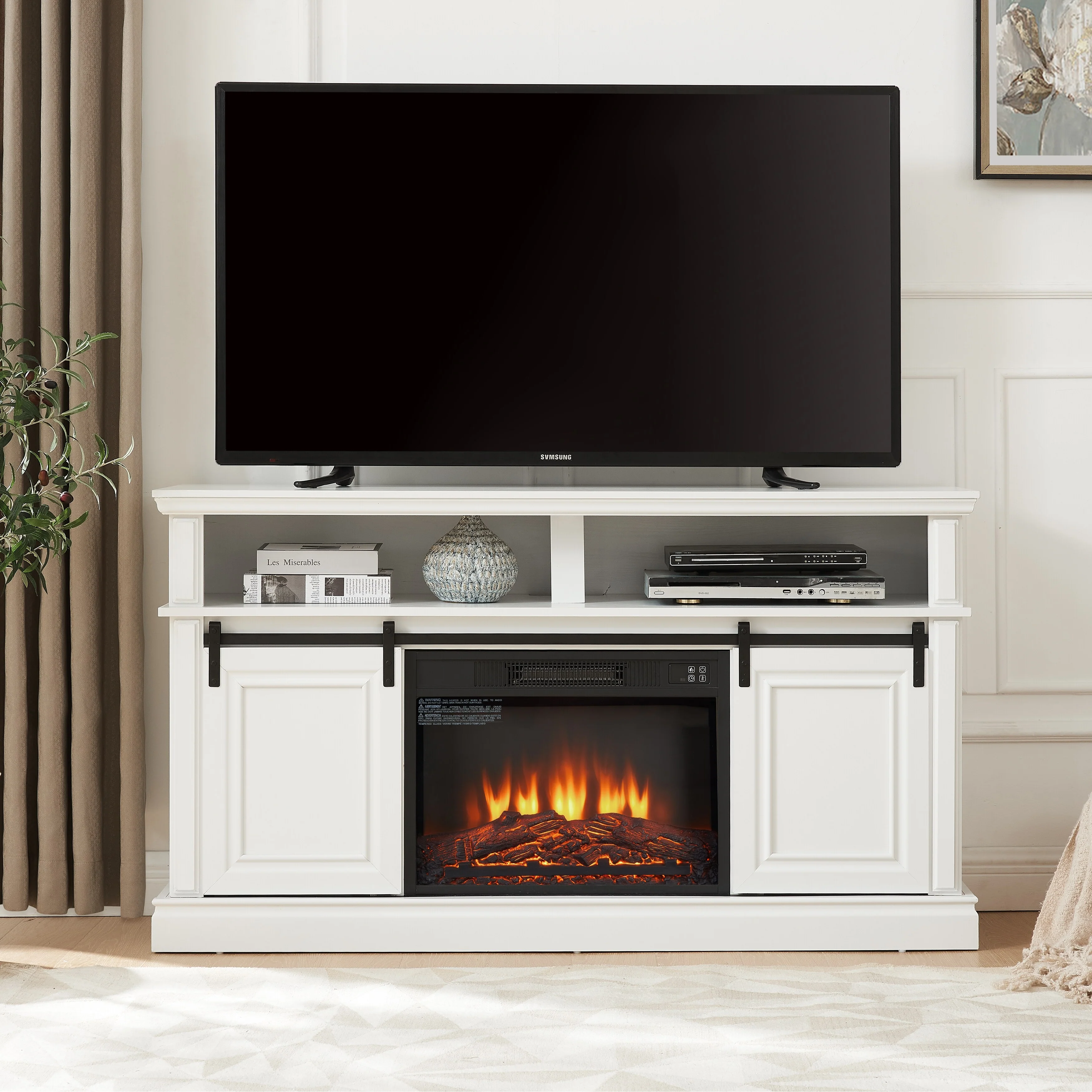 Antique White 58 Fireplace TV Stand with Cable Cutouts, Cabinet & Shelf for TVs Up to 65