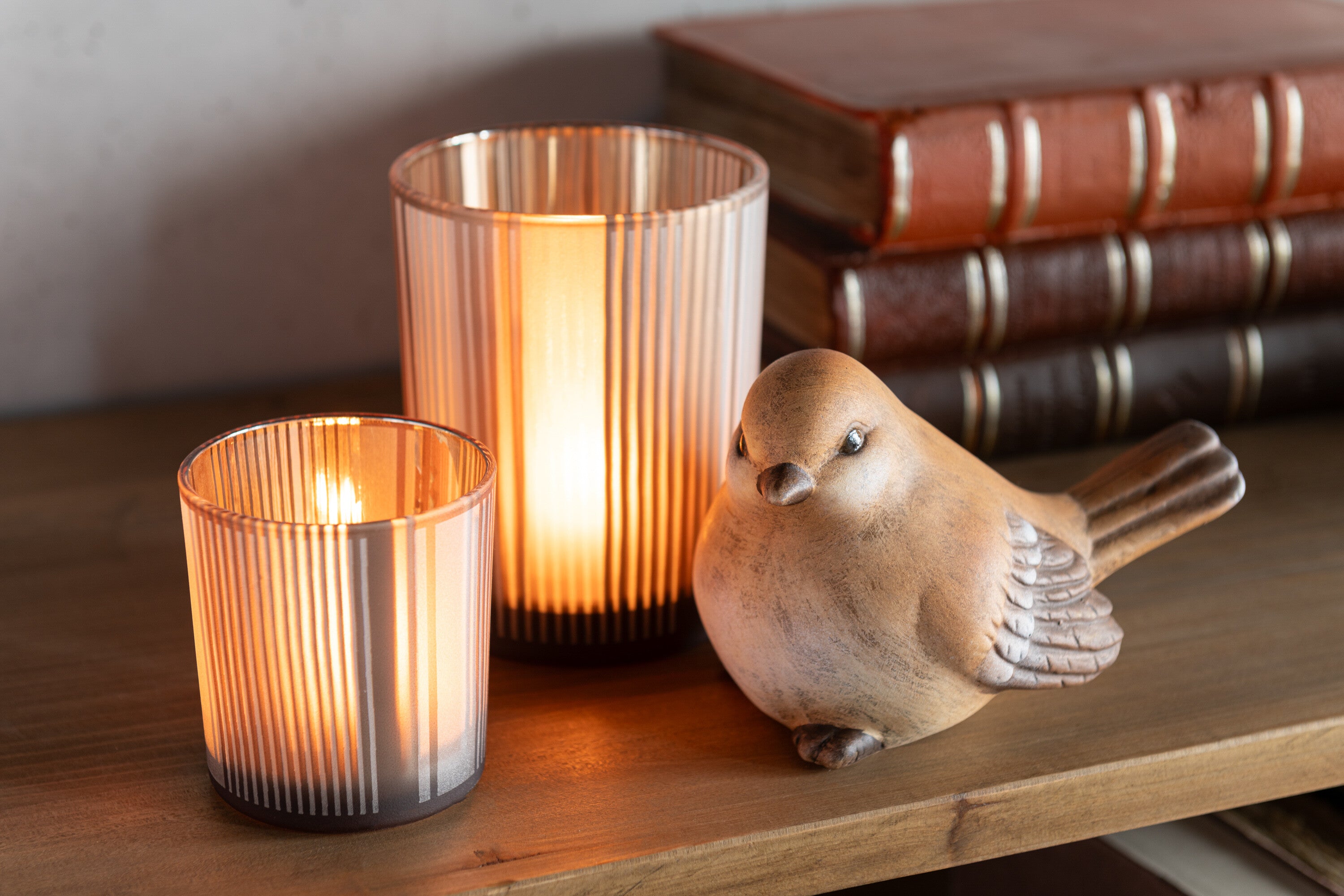 J-Line windlicht Strepen - glas - bruin/wit - small