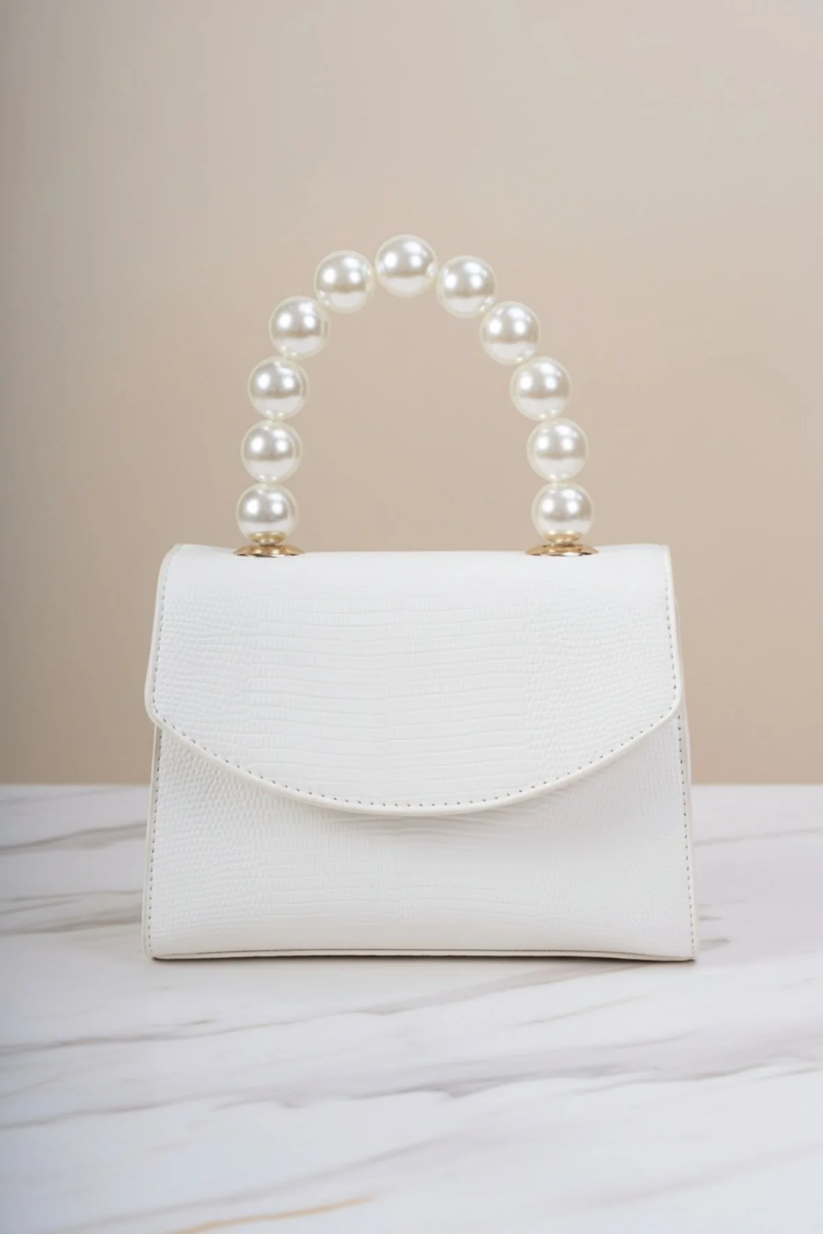 Pearl Top Handle Clutch Bag in White