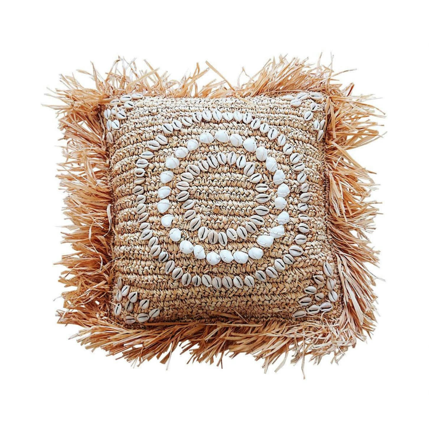 SHELLY - Housse de coussin en raphia et coquillages, beige naturel 40x40 cm