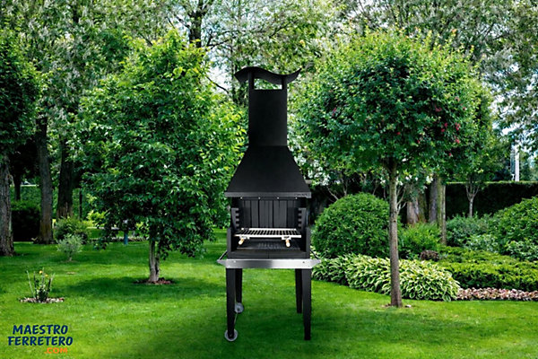 MF - Barbecue à bois et charbon style argentin pour jardin modèle Coven noir avec table