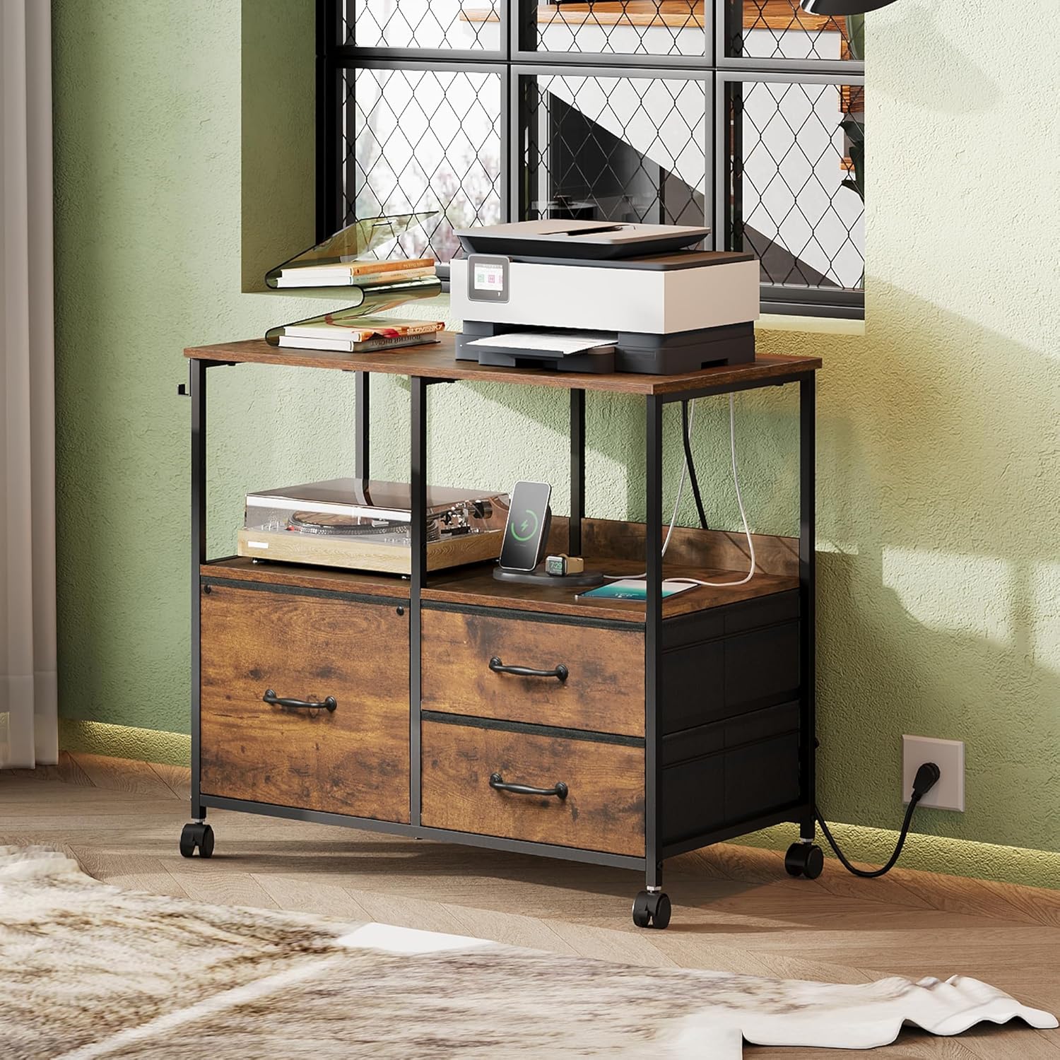 DEVAISE 3 Drawer Mobile File Cabinet, Rolling Printer Stand with Storage Shelf, Fabric Lateral Filing Cabinet fits A4 or Letter Size, Adjustable Shelf for Home Office, Rustic Brown