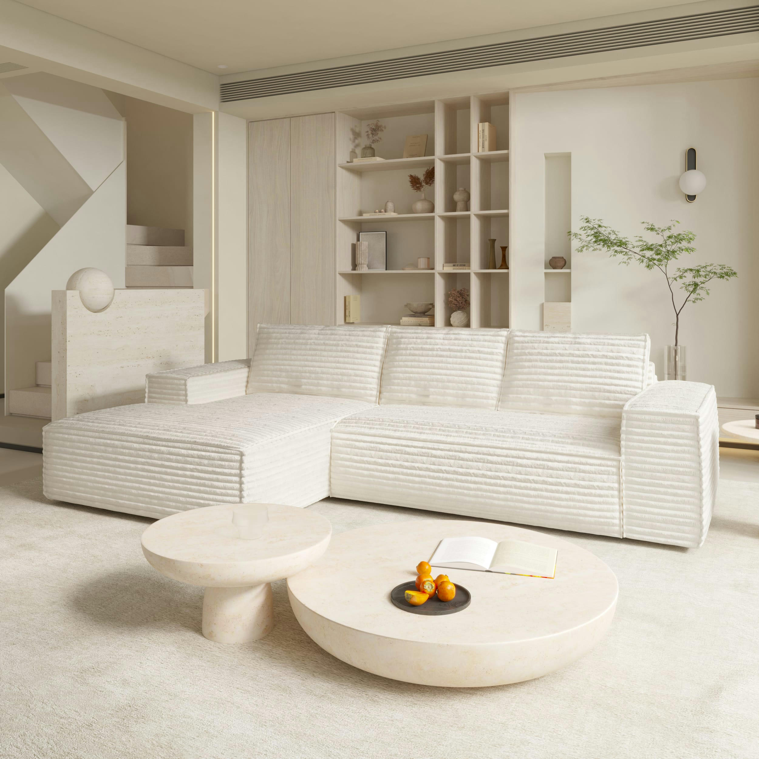 JOAN - Canapé convertible angle gauche velours côtelé XXL crème 140cm