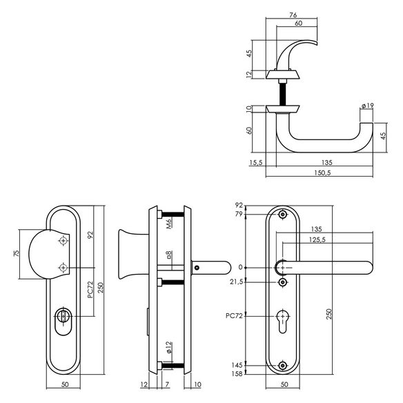 Schutzbeschlag, Kernziehschutz PZ 72 mm oval Griff/Drücker