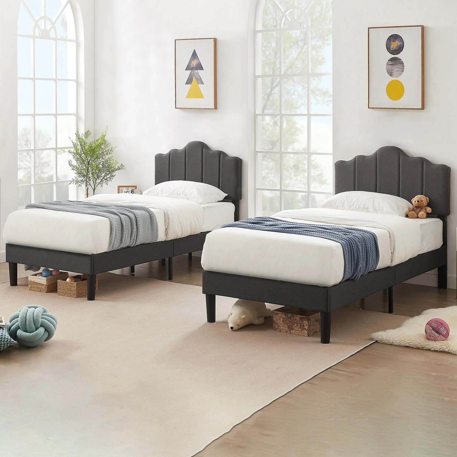 VECELO Modern Bed Frame with Adjustable Headboard, Twin Size Upholstered Bed Kids Bed set of 2
