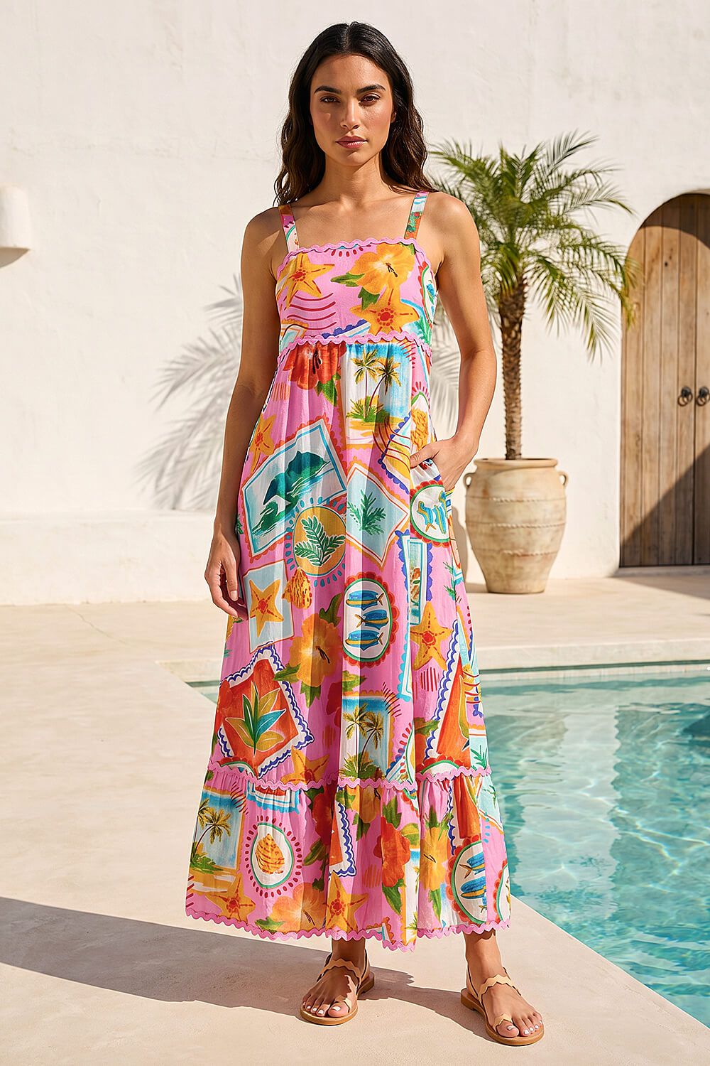 Roman Postcard Print Ric Rac Maxi Dress