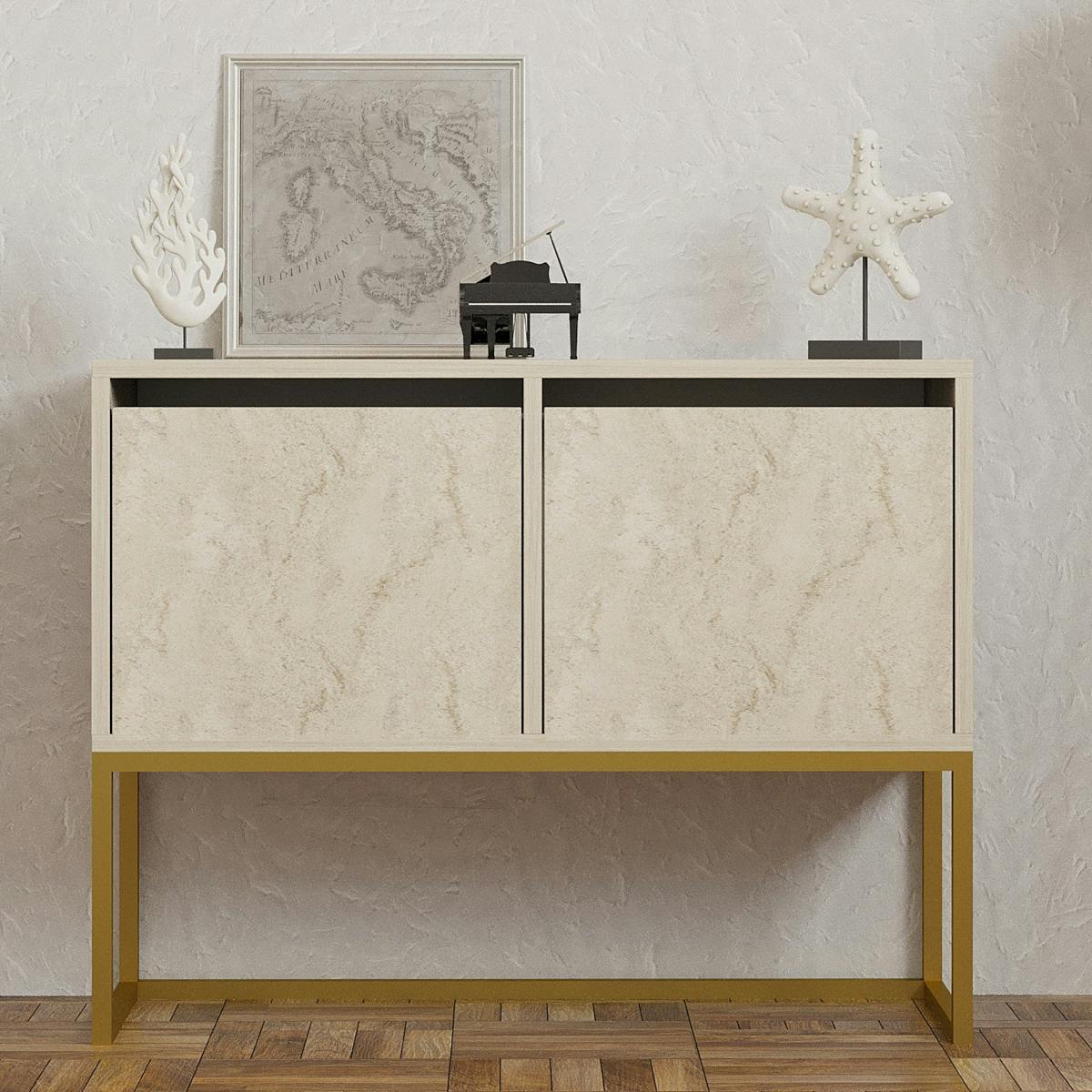 Console basse avec niches de rangement, effet travertin JENA