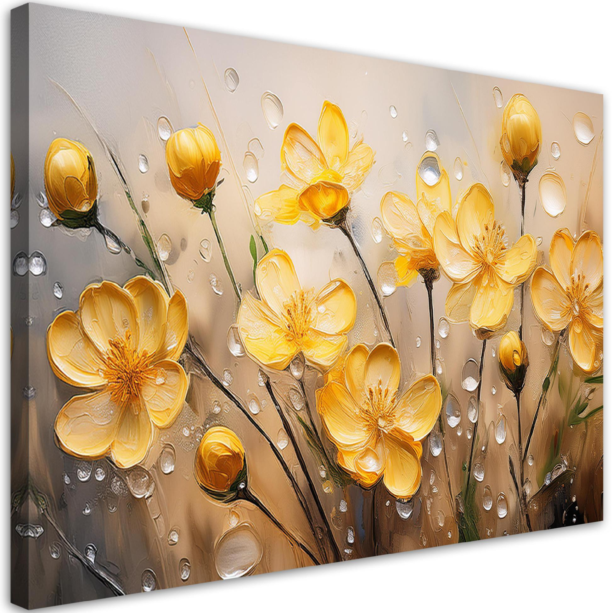 Feeby Obraz na płótnie, Zólte Kwiaty Rośliny Krople Rosy 60x40