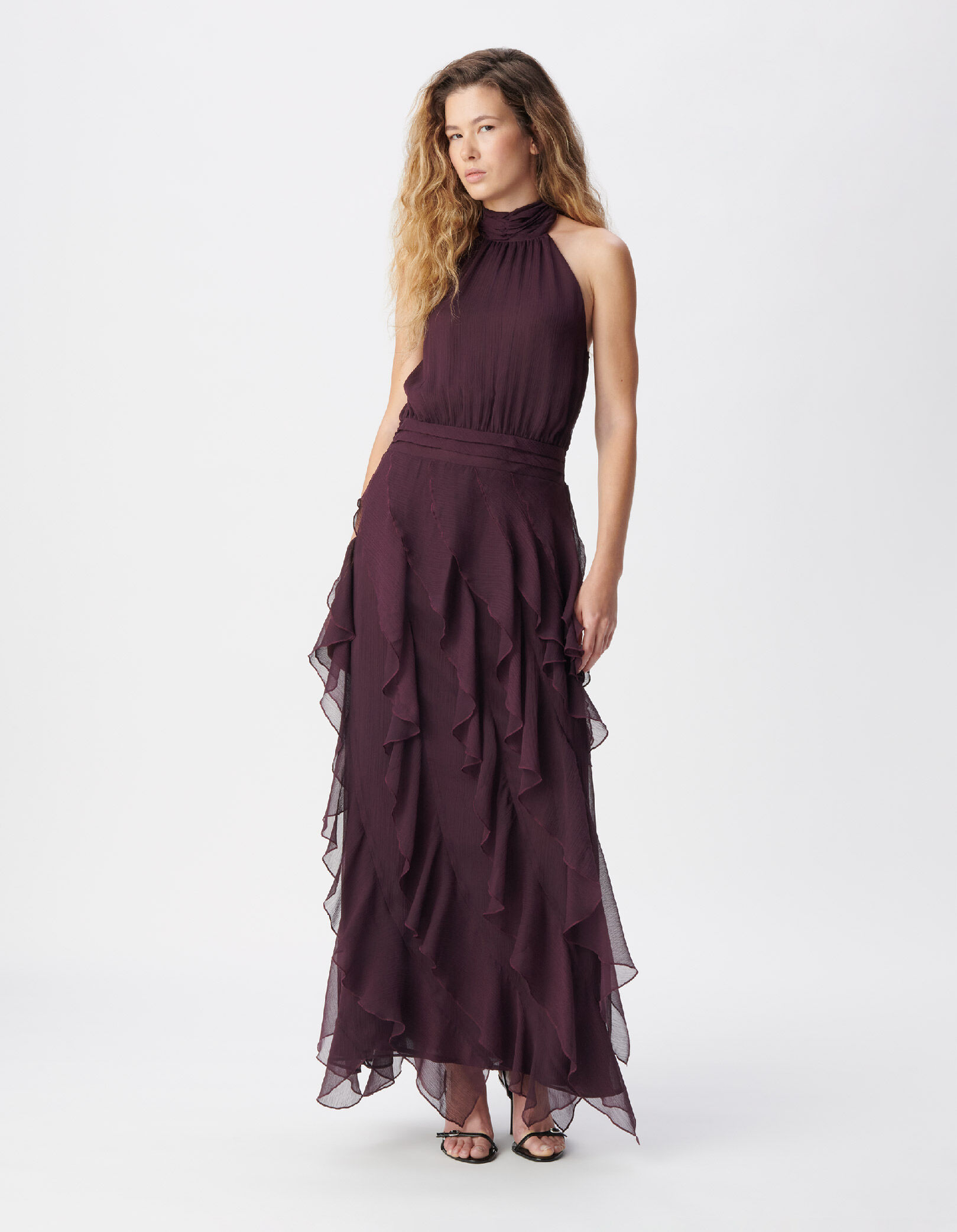 Robe longue cassis vaporeuse à volants Femme