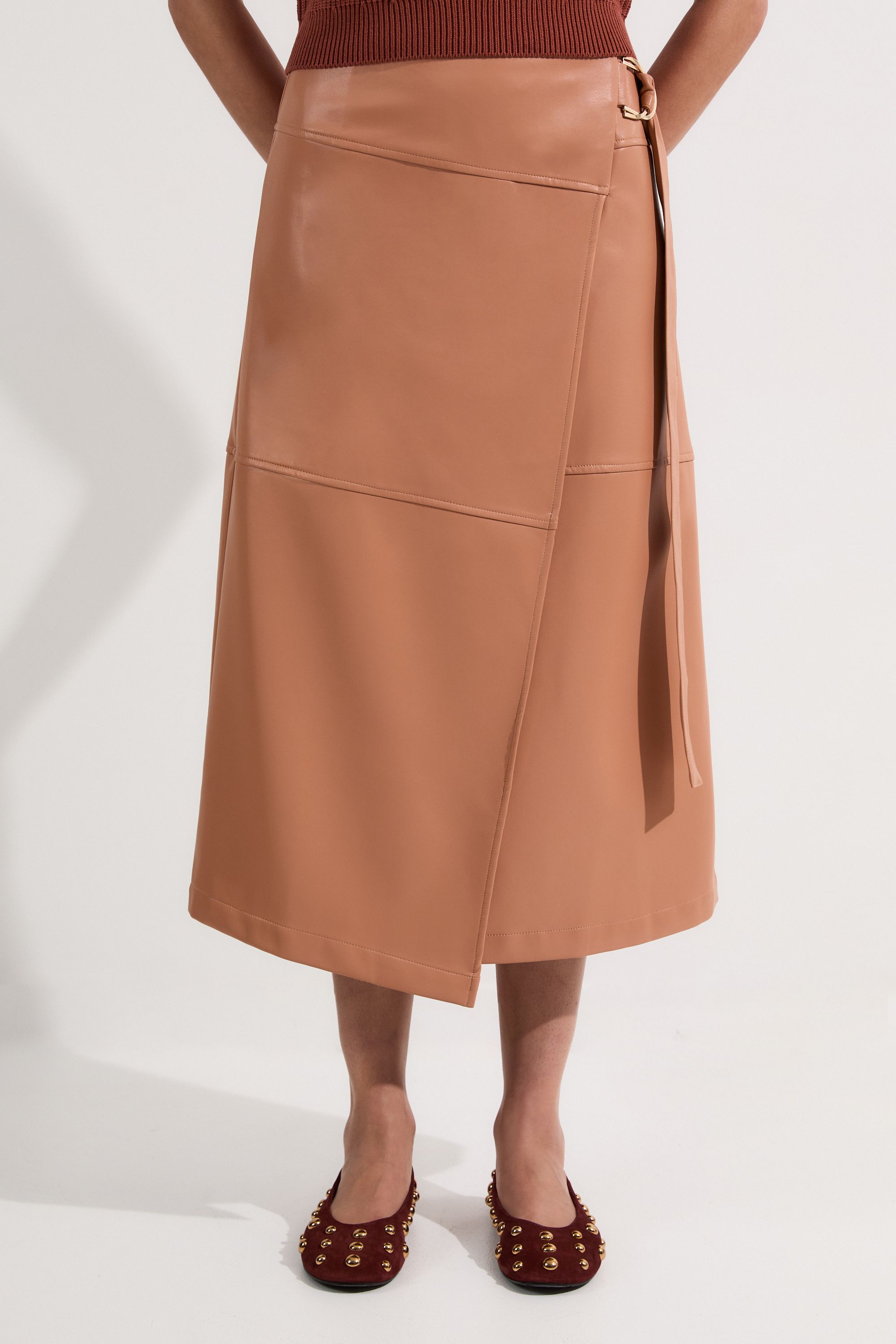 KarenMillen Petite Faux Leather Tie Detail Wrap Midi Skirt